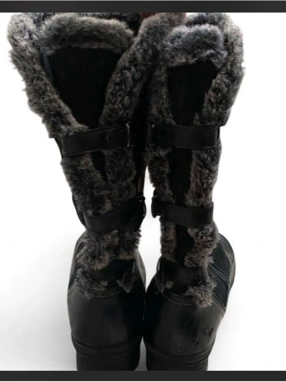 Women’s Black Waterproof Winter Boots with Fur-Trim and Buckle Detail